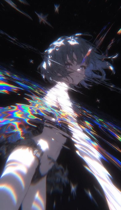 An anime-style digital artwork of a character with light hair surrounded by dark liquid and colorful prismatic light refractions.