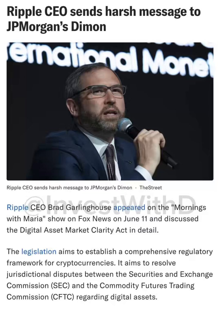 The image shows a man wearing glasses, standing behind a microphone with his hand raised as if he's speaking into it. The text above him reads "Ripple CEO ACCUSES Jamie Dimon OF MISREPRESENTING Crypto @Ripple CEO @bgarlinghouse just fired back at both Jamie Dimon and Brian Armstrong today @MorningsMaria". This suggests that the man is making a claim against two individuals, possibly regarding their representation of cryptocurrency.