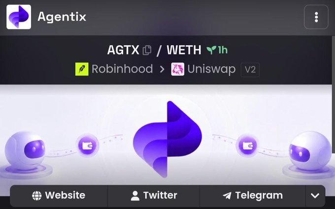 A screenshot of a cryptocurrency tool named 'Agentix' showing the AGTX/WETH trading pair available on Robinhood and Uniswap V2.