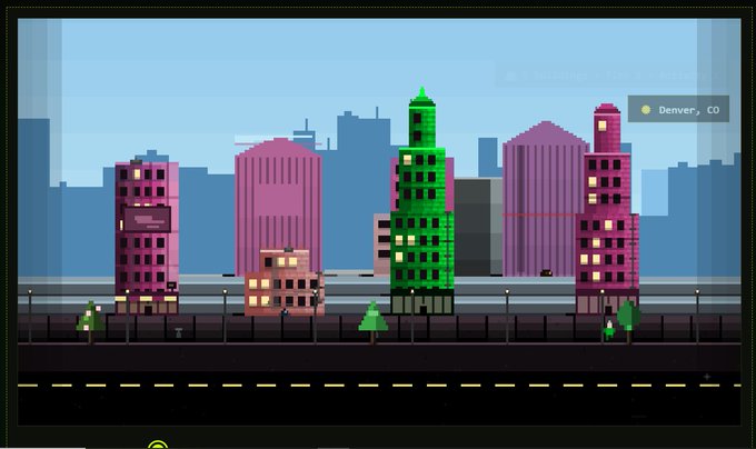 A pixel-art video game scene depicts a cityscape with purple and green skyscrapers along a street, labeled 'Denver, CO' in the upper right corner.