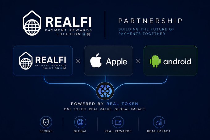 The image features a promotional poster for the RealFi payment solution. The poster showcases three logos representing different aspects of the RealFi platform - Apple, Android, and Bitcoin. These logos are positioned at various angles across the poster's surface, with each logo clearly labeled. The text on the poster highlights that the RealFi Payment Solution is now available to reach more than 5 billion devices worldwide through its payment rewards application.