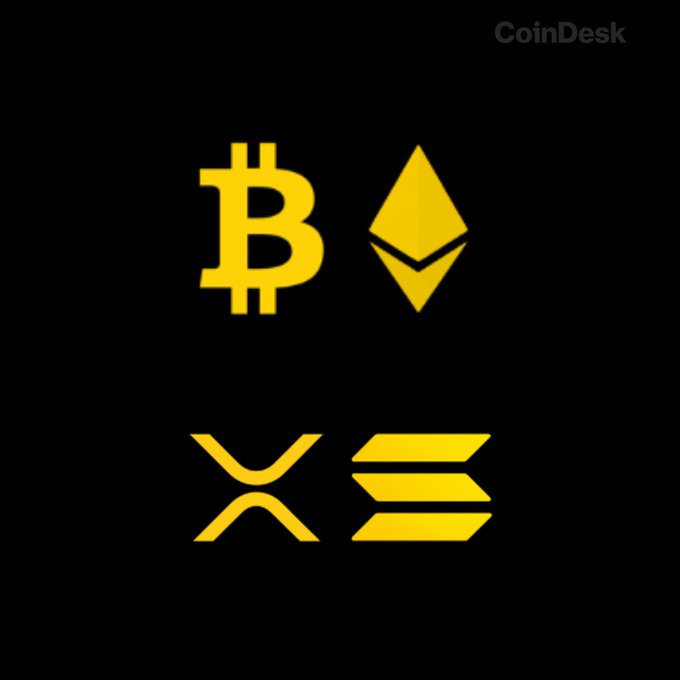 The image displays the yellow logos of Bitcoin (₿), Ethereum (◇), Solana, and XRP against a dark background, with the "CoinDesk" watermark in the upper right corner. The four cryptocurrency icons visually correspond to the four digital assets—Bitcoin, Ethereum, Solana, and XRP—mentioned in the accompanying market update about U.S. spot ETF inflows.