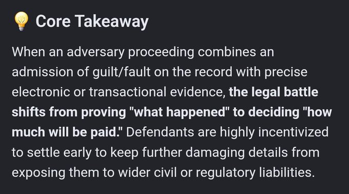 A dark graphic titled "Core Takeaway" explains that when an adversary admits guilt with electronic evidence, the legal battle shifts from proving what happened to determining damages, pressuring defendants to settle early. The caption ties this to the post's optimistic message, suggesting MMTLP holders stay hopeful as settlement pressure may work in their favor.
