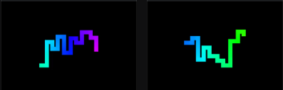 Two pixel-art logos featuring stepped, zigzag designs in gradient colors—one transitioning from cyan to magenta, the other from cyan to green—on black backgrounds.