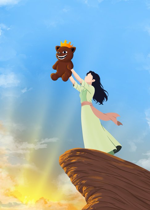 A 2D animated-style illustration of a woman in a green dress standing on a rocky cliff, holding up a brown bear plush toy wearing a crown against a bright blue sky with sunset rays.