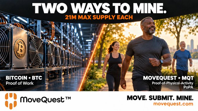 A promotional advertisement reading 'TWO WAYS TO MINE. 21M MAX SUPPLY EACH' comparing 'BITCOIN BTC Proof of Work' (showing mining hardware) with 'MOVEQUEST MQT Proof-of-Physical-Activity PoPA' (showing people jogging), branded with 'MoveQuest™' and 'movequest.com'.