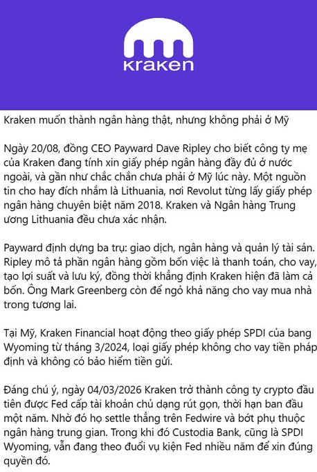 A Vietnamese-language article from Kraken about the crypto exchange seeking a full banking license abroad (not in the US), mentioning CEO Payward Dave Ripley and a Lithuania bank connection.
