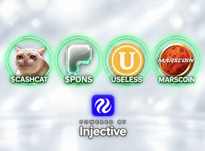 A promotional graphic showing crypto tokens $CASHCAT, $PONS, USELESS, and MARSCOIN, powered by Injective.