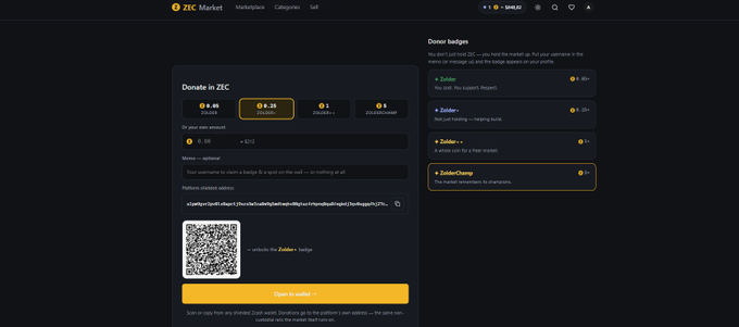 A screenshot of a dark-themed website titled 'ZIC Market' showing a 'Donate in ZIC' page with various ZIC amounts, a QR code, and a list of donor badges like 'Zolder' and 'ZolderChamp'.