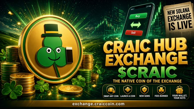 A promotional graphic for 'CRAIC HUB EXCHANGE' advertising their new Solana exchange and the '$CRAIC' native coin, featuring a leprechaun-hat-wearing shamrock mascot and the URL exchange.craiccoin.com.