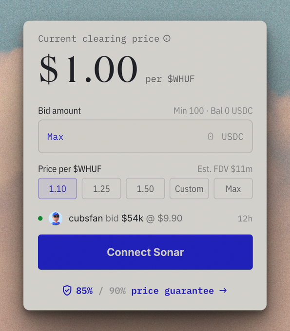 A digital interface showing a clearing price of "$1.00 per $WHUF" with a bid amount field, price options, and a recent bid by "cubsfan bid $54k @ $9.90", with a "Connect Sonar" button.