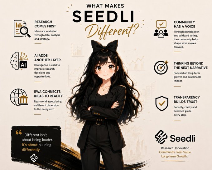 An infographic titled "What Makes Seedli Different?" featuring an anime-style character with long black hair and cat ears, listing features like Research, AI integration, Community, RWA, Long-term Growth, and Transparency.