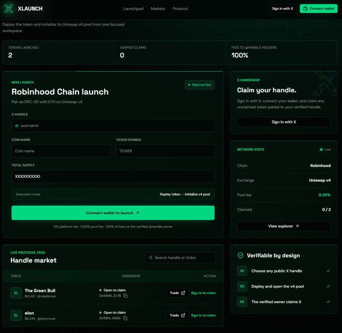 A screenshot of the XLAUNCH platform dashboard showing a 'Robinhood Chain launch' page with token deployment fields and a 'Handle market' listing tokens like 'The Green Bull' and 'elon'.