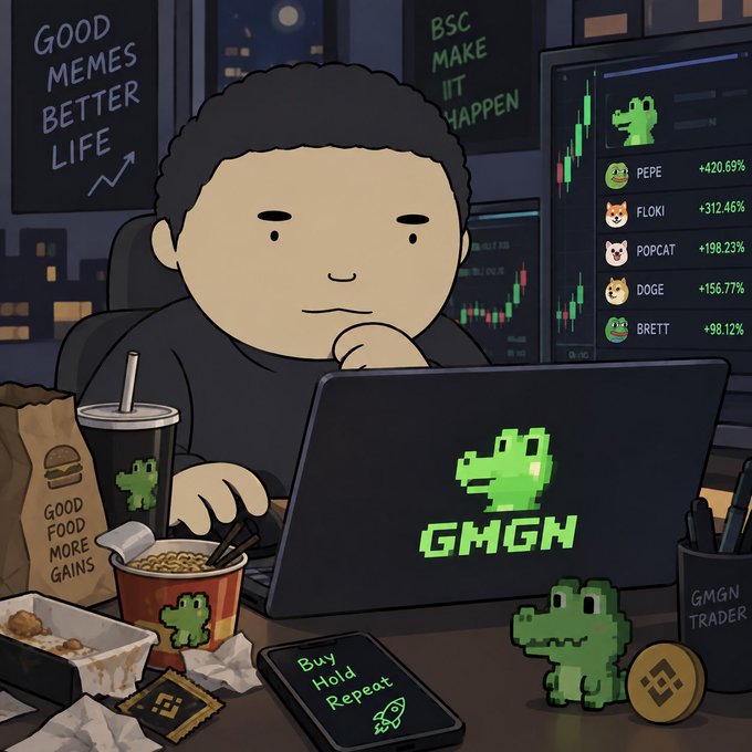An illustrated meme of a trader watching a laptop with a pixelated alligator logo and 'GMGH', surrounded by fast food and screens showing meme coins like PEPE, FLOKI, POPCAT, DOGE, and BRETT with their percentage gains.