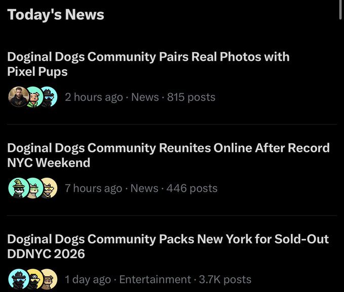 A news feed screenshot titled 'Today's News' featuring three headlines about the 'Doginal Dogs' community, including articles on pixel pups, reuniting after NYC, and packing New York for DDNYC 2026.