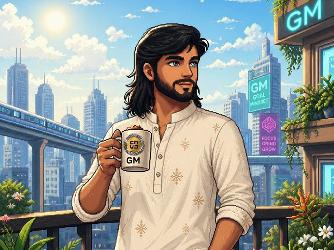 A stylized illustration of a bearded man in white traditional clothing holding a mug labeled 'GM', with signs in the background reading 'GM GOAL MINDSET' and 'FOCUS GRIND GROW'.