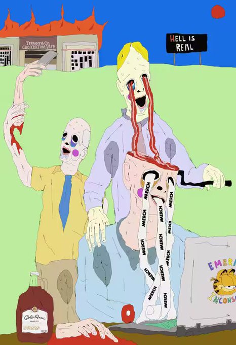 A crude digital illustration depicts zombie-like figures in an apocalyptic scene with a burning 'Methanol Convention Center' and a 'HELL IS REAL' sign in the background.