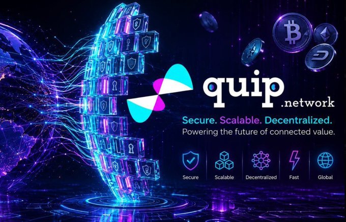 A promotional banner for 'quip.network' featuring a futuristic blockchain design with a rotating cube of digital blocks, the tagline 'Secure. Scalable. Decentralized. Powering the future of connected value,' and floating cryptocurrency coins.