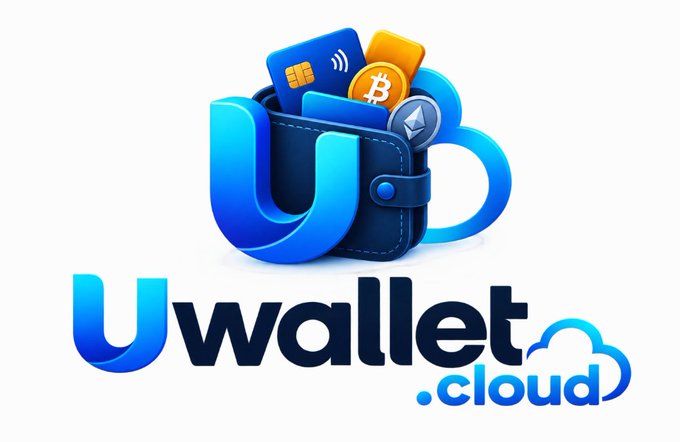 A 3D logo for 'Uwallet.cloud' depicting a blue wallet containing a credit card, Bitcoin, and Ethereum coins against a white background.