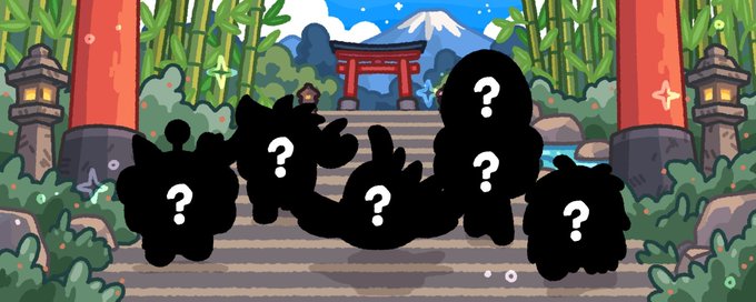 Five black silhouette characters with white question marks stand on a stone path in front of a Japanese-style red torii gate, bamboo, and stone lanterns.