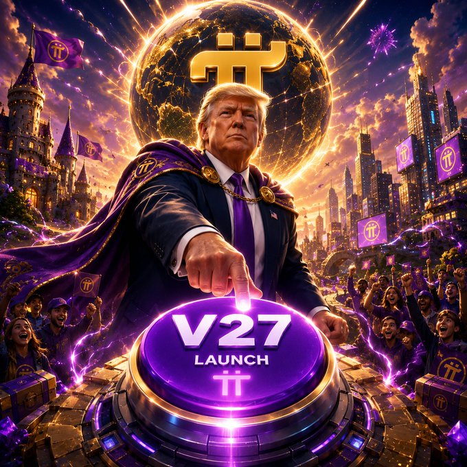 This image depicts Donald Trump pressing a large "V27 LAUNCH" button, symbolizing the transition from protocol preparation to execution for Pi Network's final upgrade in its sequence. The accompanying post clarifies that v27 is the last planned upgrade in this sequence and its success hinges on accelerating app, utility, and commerce on the Pi Open Network.