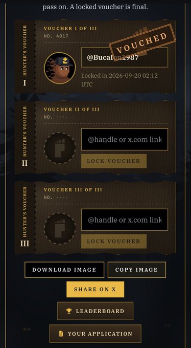 A digital interface displays three 'Hunter's Voucher' slots, with the first locked to '@Bucalski1987' and the others available for selection, including 'LEADERBOARD' and 'SHARE ON X' buttons.