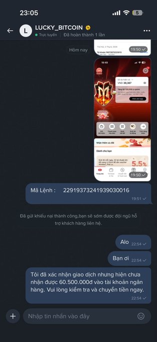 A Vietnamese-language Telegram chat with "LUCKY_BITCOIN" showing screenshots, order codes, and messages about a completed 60,500,000 VND transaction.