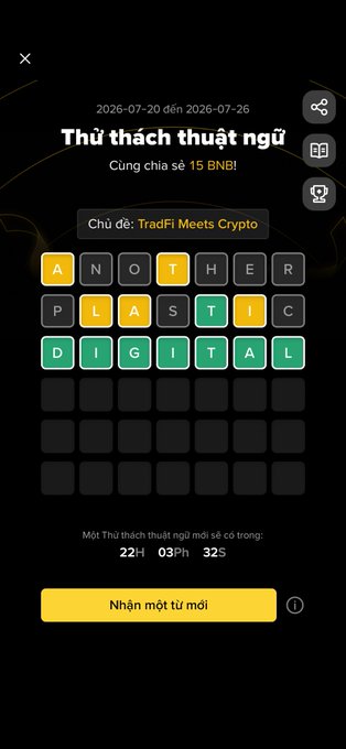 A Binance 'Word of the Day' (Thử thách thuật ngữ) crypto vocabulary challenge screen in Vietnamese, featuring the words 'ANOTHER', 'PLASTIC', and 'DIGITAL' with a 15 BNB prize pool.