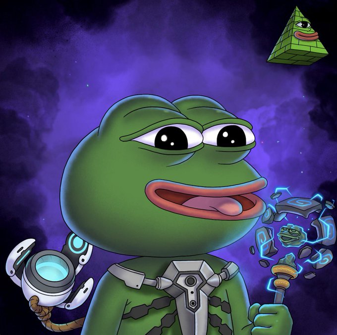 A cartoon Pepe frog dressed as a sorcerer with a staff and magical portal device stands against a starry purple cosmic background, with a floating stone pyramid companion featuring a Pepe face in the upper right—showcasing the unique artwork from the Pepe Explorers NFT collection referenced in the post.