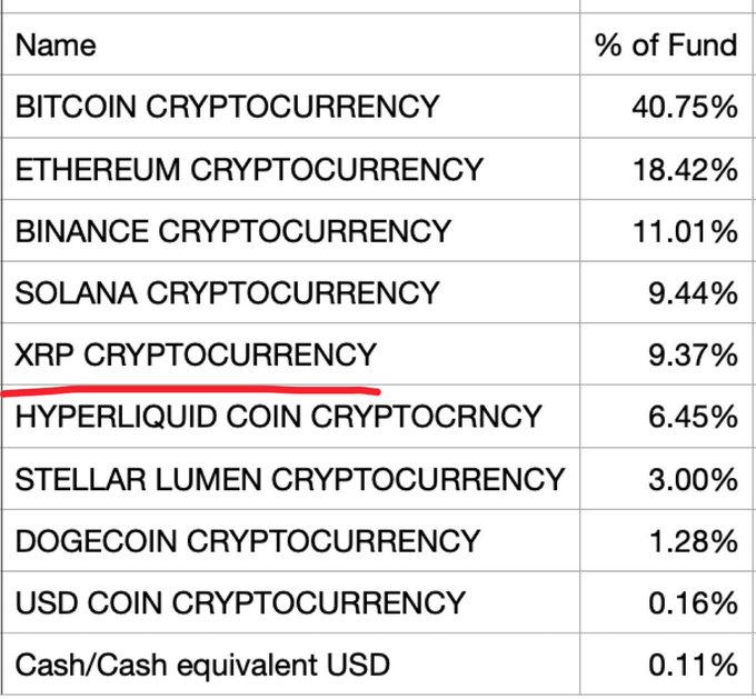 A fund allocation table showing cryptocurrency holdings: Bitcoin 40.75%, Ethereum 18.42%, Binance 11.01%, Solana 9.44%, XRP 9.37% (underlined in red), Hyperliquid 6.45%, Stellar 3.00%, Dogecoin 1.28%, USD Coin 0.16%, and Cash 0.11%.