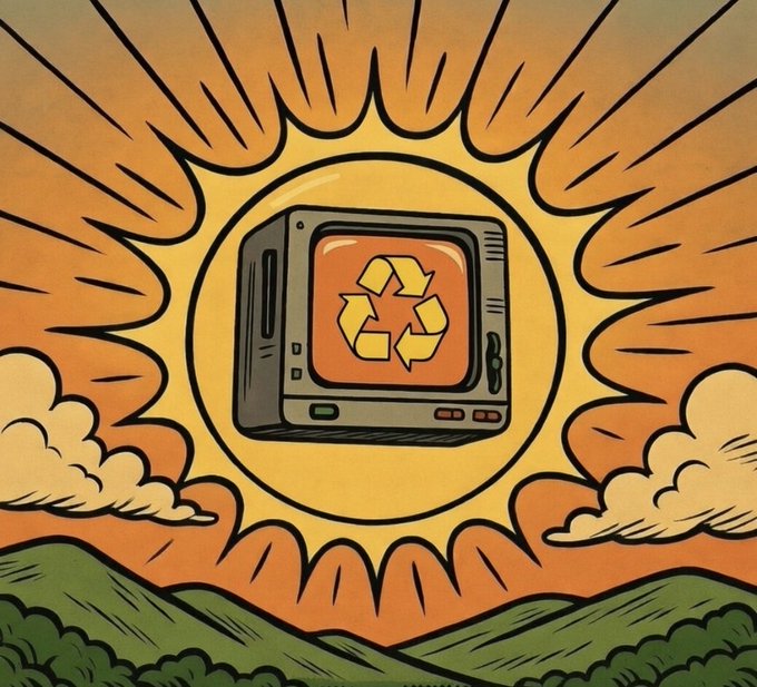 A stylized cartoon illustration of a retro television displaying a recycling symbol, set against a vibrant orange sunburst background with green hills.