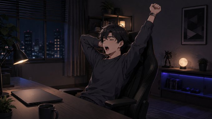 An anime-style illustration of a young man in glasses stretching and yawning while sitting in a chair at his desk in a dimly lit, nighttime room with a city view through the window.