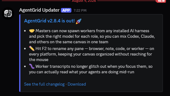 A Discord message from AgentGrid Updater announcing AgentGrid v2.8.4, featuring new features: spawning workers from any installed AI harness, F2 to rename panes, and fixed worker transcripts, dated August 4, 2026.