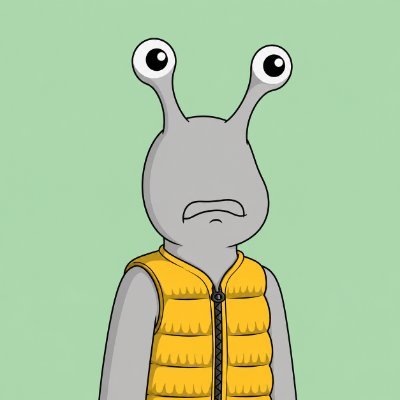 A cartoon illustration of a grey alien-like character with two large eyes on stalks, wearing a puffy yellow vest. The character has a small frowning mouth and is set against a solid light green background.