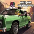 A pixel-art scene showing a green classic car with animal characters, labeled 'OPEN FOR collaborations' in the upper right corner.
