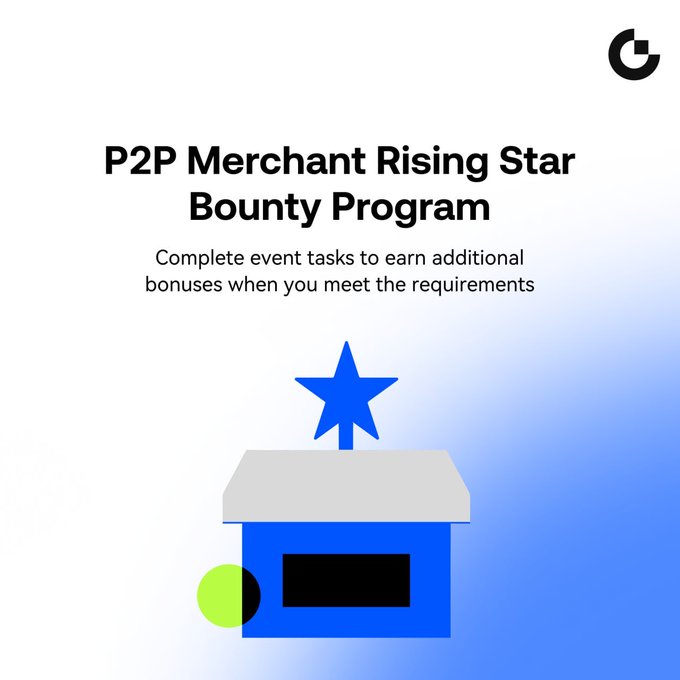 A promotional graphic for the 'P2P Merchant Rising Star Bounty Program' featuring a Google 'G' logo and an illustration of a blue shop with a star on top.