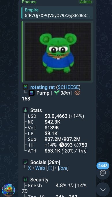 A Telegram bot interface showing 'rotating rat ($CHEESE)' token information with a green rat meme image, priced at $0.004663 (+14%) with a market cap of $42.3K.