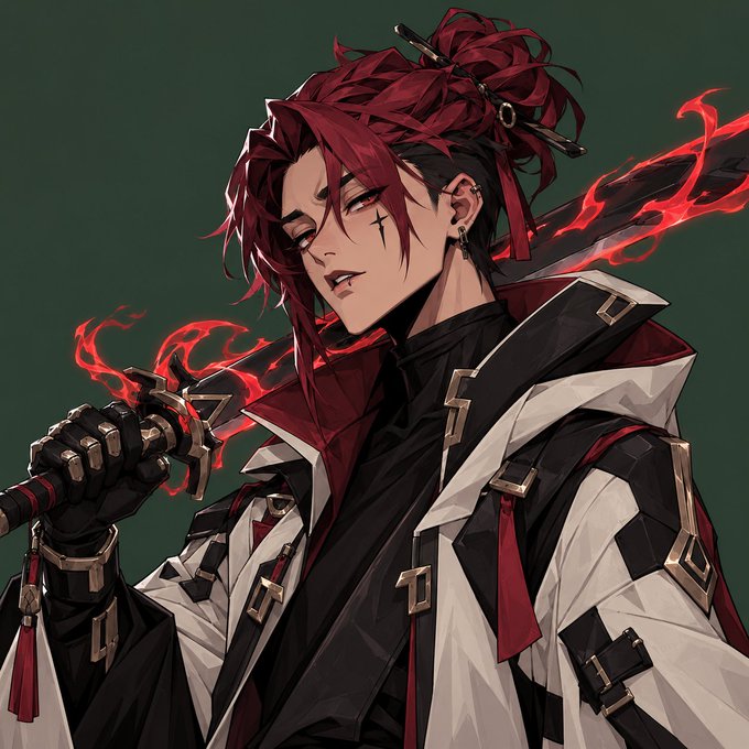 An anime-style illustration of a male character with long red hair tied back, red eyes, and facial markings, wearing a black and white outfit with red accents and holding a flaming sword.