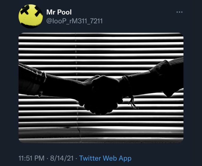 A black-and-white tweet from "Mr Pool" (@looP_rM311_7211) posted at 11:51 PM on 8/14/21 shows the silhouettes of two hands in handcuffs shaking against window blinds, captioned with "#XRP" to evoke the legal or regulatory challenges facing Ripple.