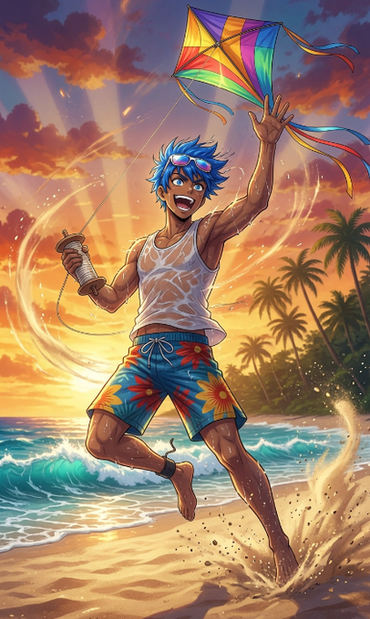 The image features a man flying a kite at the beach during sunset. The scene captures the essence of leisure and relaxation as he enjoys his time outdoors. The photo has been edited with a focus on simplicity, which can be seen through the use of minimalistic colors and composition. The main elements in the image include the man holding a kite, the ocean waves, palm trees, and the sunset sky.