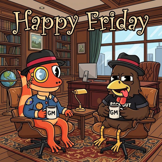A cartoon illustration titled 'Happy Friday' depicts an anthropomorphic frog and chicken, both wearing fedoras and holding 'GM' mugs, sitting in leather chairs in a wood-paneled office.