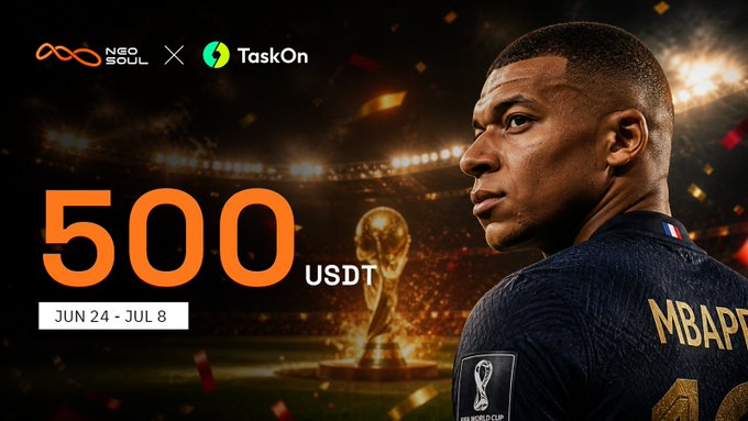 The image features a man wearing a soccer jersey with the number 18 on it, standing against a dark background that includes a soccer stadium and confetti. The text on the image reads "500 USDT TASKON". This suggests that there is an ongoing promotion for a TaskOn account or tasking service, possibly related to soccer events or promotions.