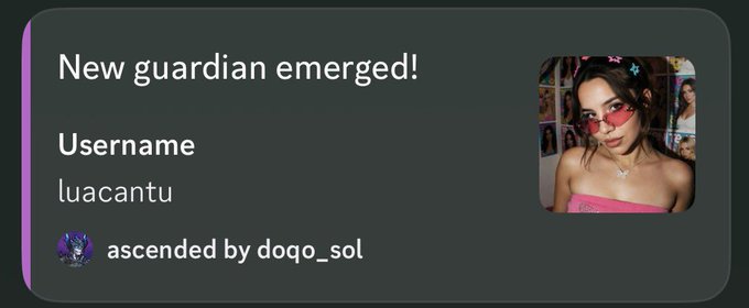 A dark-themed notification card announcing "New guardian emerged!" for username "luacantu," with a note that they were ascended by "dojo_sol," accompanied by a profile photo of a woman wearing pink heart-shaped sunglasses and a pink top. The image visually corresponds to the post welcoming the new contributor to the Solflare Dojo community.
