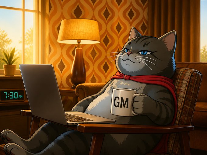 A digital illustration of an anthropomorphic grey tabby cat wearing a red cape, sitting in a plaid armchair with a laptop, holding a mug labeled 'GM', and a clock reading '7:30 AM' nearby.