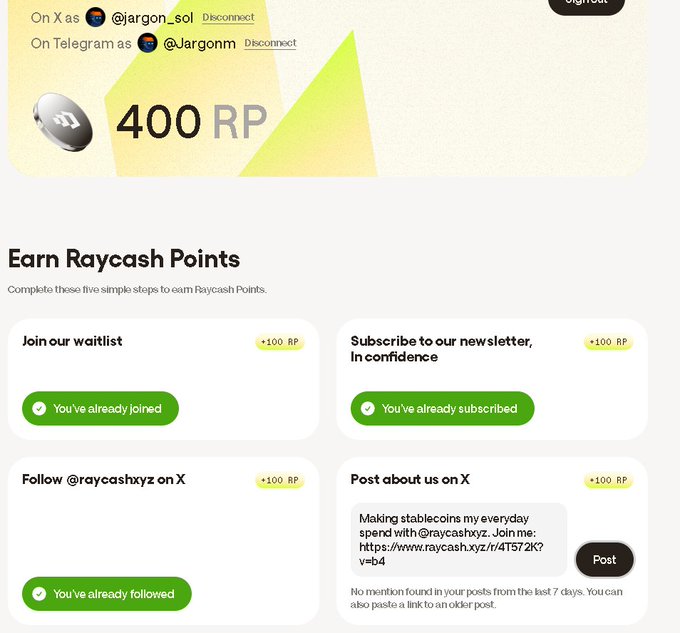 The image shows a Raycash Points dashboard where the user has completed three of five earning tasks (joining the waitlist, subscribing to the newsletter, and following @raycashxyz on X, each worth +100 RP), with 400 RP already displayed at the top. The final task involves posting about Raycash on X using the provided referral link "raycash.xyz/r/4T572K?v=b4," matching the post's promotional call-to-action encouraging others to join via that same link.