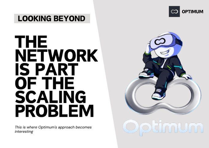A promotional graphic with bold text reading 'LOOKING BEYOND: THE NETWORK IS PART OF THE SCALING PROBLEM,' featuring an Optimism mascot character wearing VR goggles sitting on a large metallic Optimism logo.