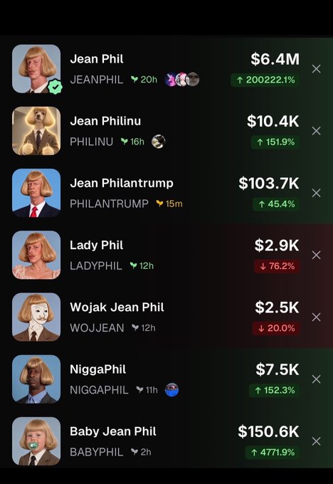 The image displays multiple meme coin variations of "Jean Phil" on a crypto trading platform, including JEANPHIL ($6.4M, +200,222.1%), PHILINU ($10.4K), PHILANTRUMP ($103.7K), LADYPHIL, WOJJEAN, NIGGAPHIL ($7.5K), and BABYPHIL ($150.6K, +4771.9%), all trading with varying percentages. This illustrates the post's point about copycat "vamp" tokens siphoning hype from the original $JEANPHIL, supporting the argument that platforms like Glitch—which allow only one ticker per meme—eliminate the dilution and bleed caused by these imitators.