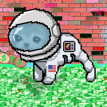 A pixel-art Among Us character wearing an American flag patch stands against a brick wall surrounded by scattered money and money bags.