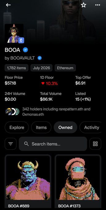 A BOOA NFT collection page showing 1,782 items with a floor price of $57.18 and top offer of $6.91 on Ethereum, featuring pixel art characters like BOOA #889 and BOOA #1373.