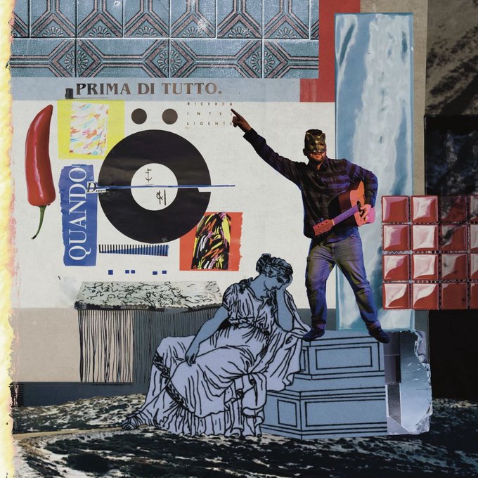 A retro-style collage artwork featuring a masked figure holding a guitar, a classical illustration of a seated woman, a red chili pepper, a vinyl record, and the Italian text 'PRIMA DI TUTTO,' 'RICICLA FINCHE L'HO LIGENT', and 'QUANDO'.